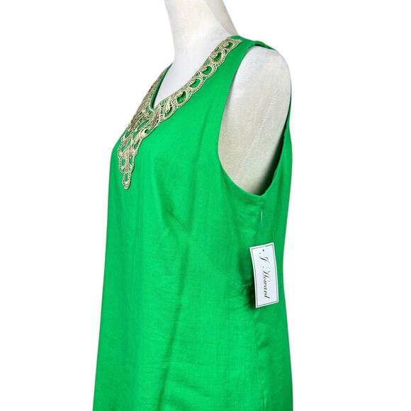 J Howard NWT Kelly Green Linen Blend Gold Lace Trim Sleeveless Shift Dress - Picture 6 of 12